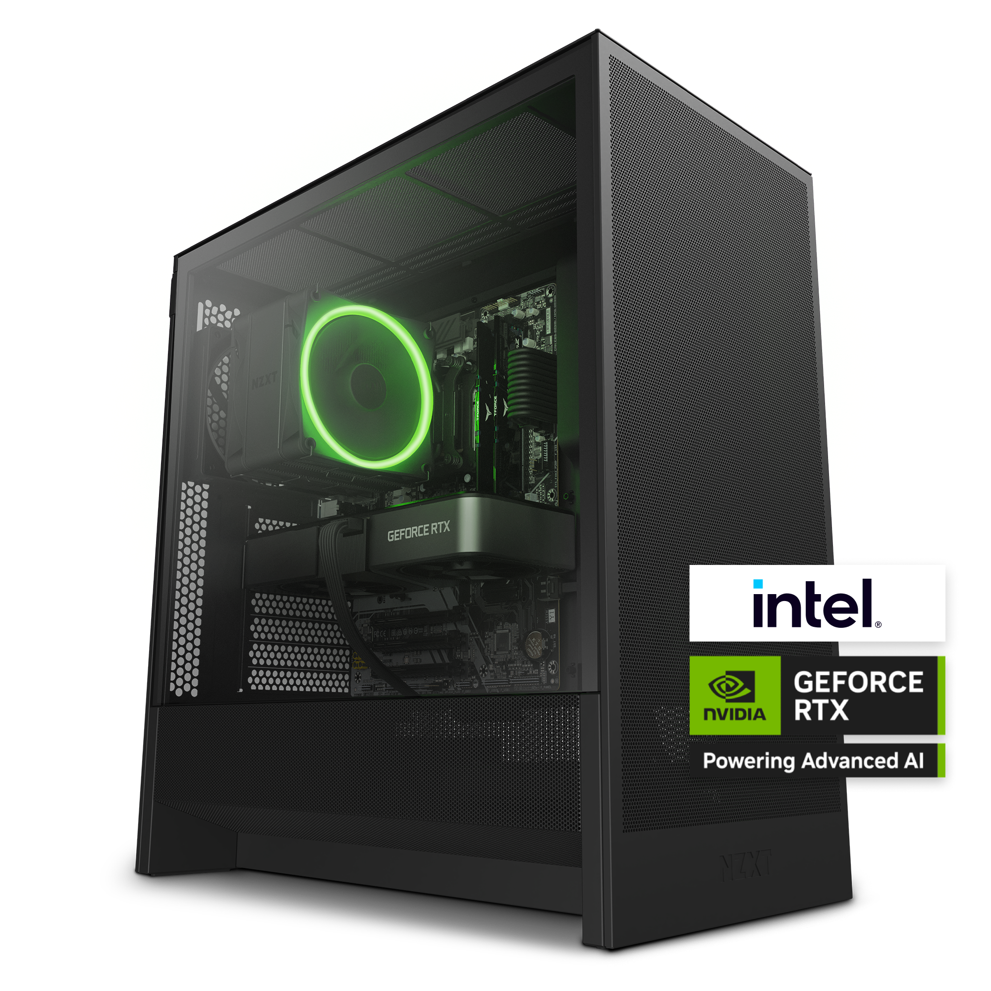 The NZXT Flex One Prime Subscription PC is shown in sleek black with a green-lit fan. Featuring NVIDIA GeForce RTX graphics, Intel and NVIDIA logos highlight its advanced AI performance for gaming and creative tasks.