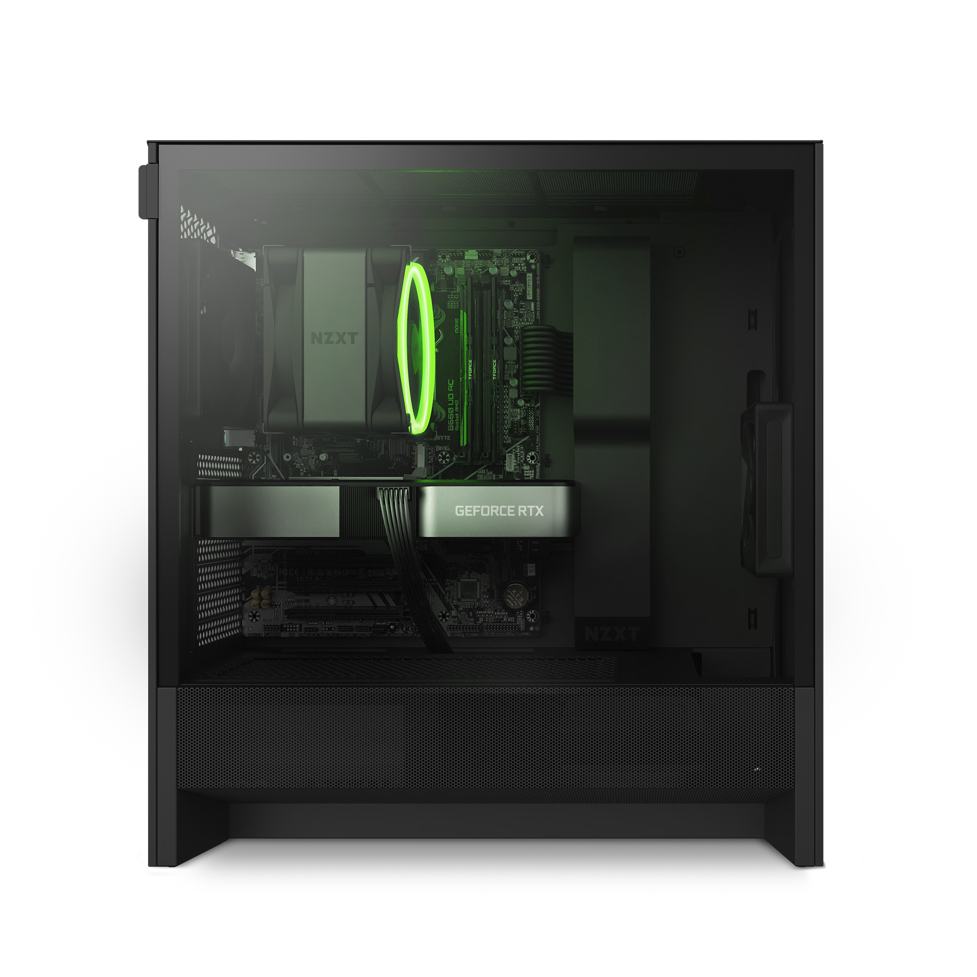 The NZXT Player One Prime is a black desktop tower with a clear side panel, NZXT cooler with green LED ring, Intel Core i5-14400F CPU, and NVIDIA GeForce RTX graphics—ideal for smooth 1080p gaming.
