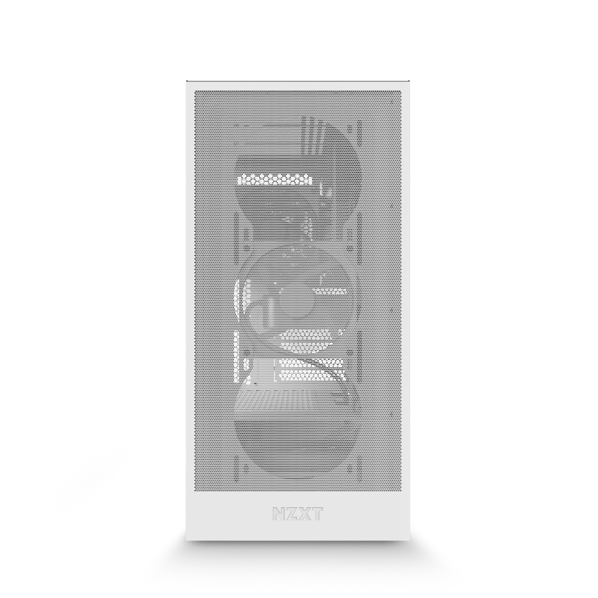 Front view of the NZXT Player One Prime in white with a mesh panel, showcasing three cooling fans—this stylish gaming desktop is ideal for 1080p gaming PC enthusiasts.