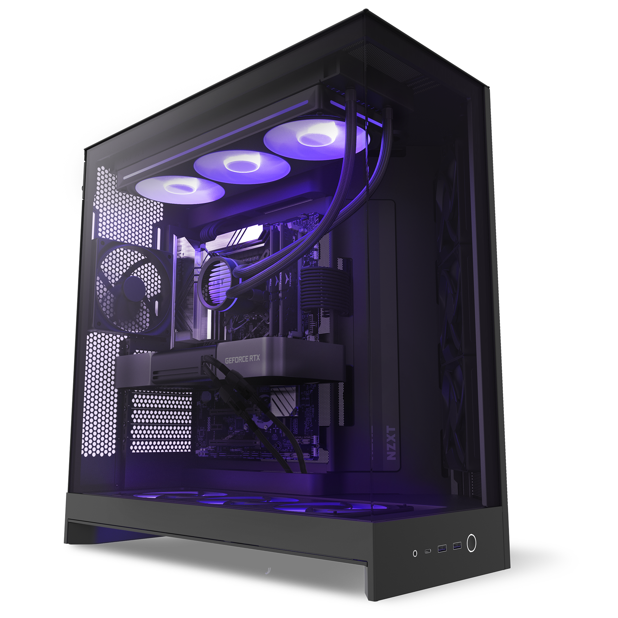 The NZXT Player Three is a sleek black gaming PC with a transparent side panel, purple LED lights, liquid cooling, and an NVIDIA GeForce RTX 5080 for ultimate 4K gaming and stunning internal component visibility.