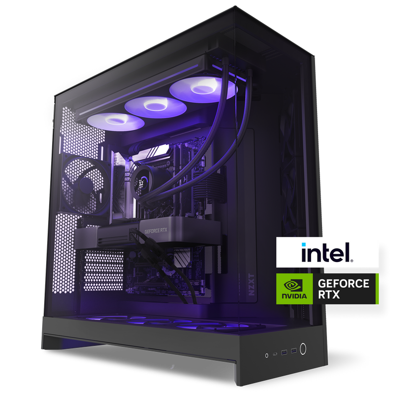 The NZXT Player Three Prime is a high-performance gaming PC with purple LED lighting, Intel processor, NVIDIA GeForce RTX 5090, and a sleek black case with transparent side panel—perfect for smooth 4K gaming.