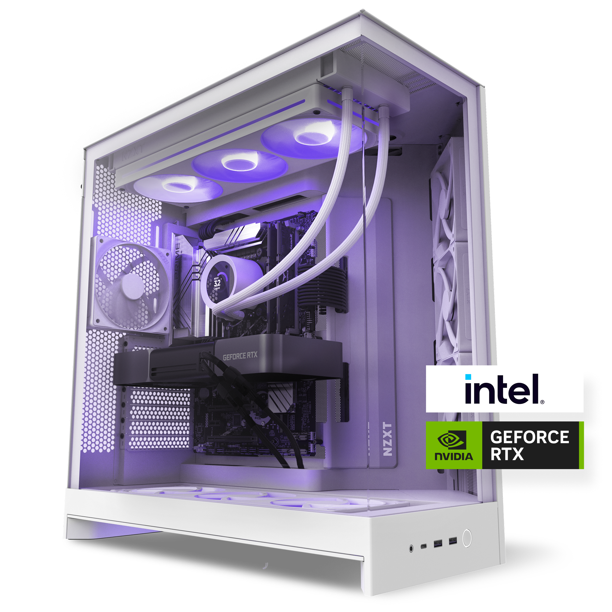 The NZXT Player Three Prime is a white desktop 4K gaming PC with RGB lighting, an Intel processor, NVIDIA GeForce RTX 5090 graphics card, liquid cooling, and NZXT branding. Intel and NVIDIA GeForce RTX logos are in the bottom right corner.
