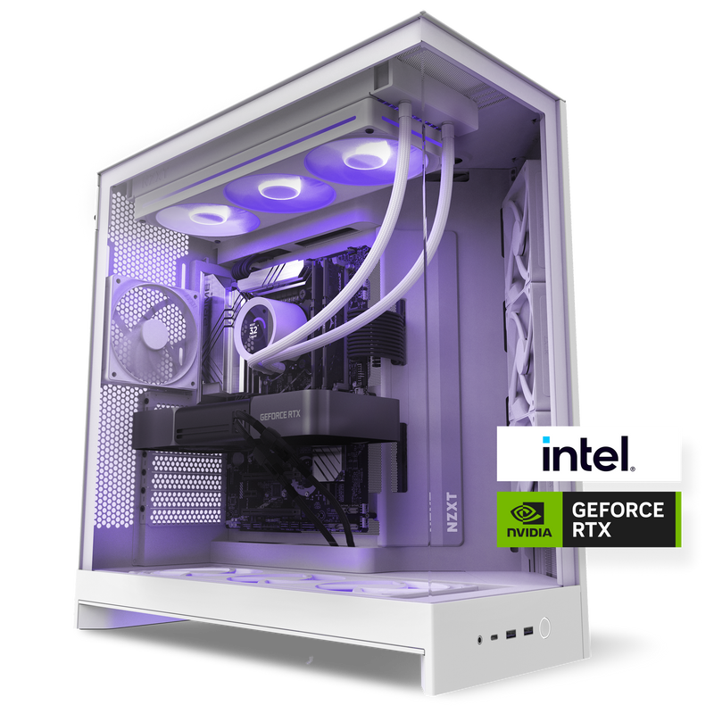 The NZXT Player Three Prime is a white desktop 4K gaming PC with RGB lighting, an Intel processor, NVIDIA GeForce RTX 5090 graphics card, liquid cooling, and NZXT branding. Intel and NVIDIA GeForce RTX logos are in the bottom right corner.
