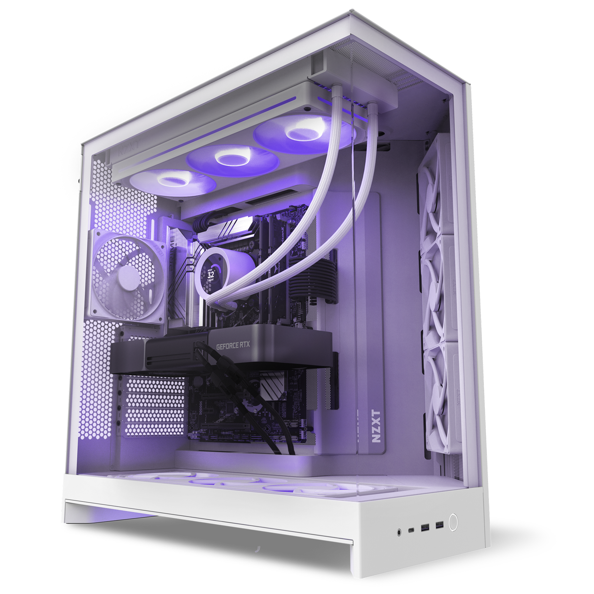 The NZXT Player Three Prime is a white 4K gaming PC case with visible components, a liquid cooling system with purple LED lighting, an RTX 5090 graphics card, and multiple fans. The open case is neatly organized for high-performance gaming.