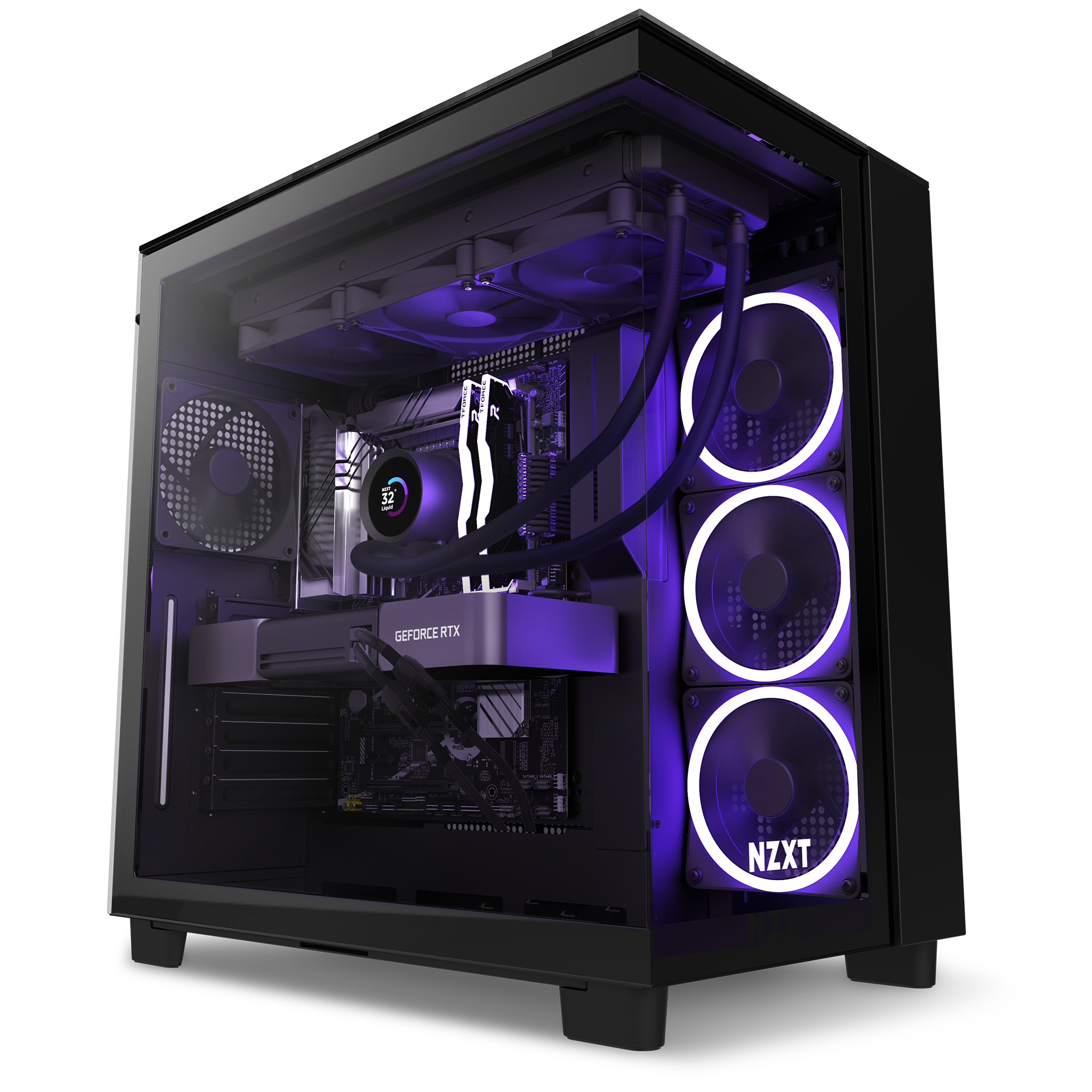 The NZXT Refurbished Custom Build - #8665 features a black case with a transparent side panel, RGB-lit fans, GeForce RTX graphics, liquid cooling, purple LED lighting, and comes with a 2-year warranty.