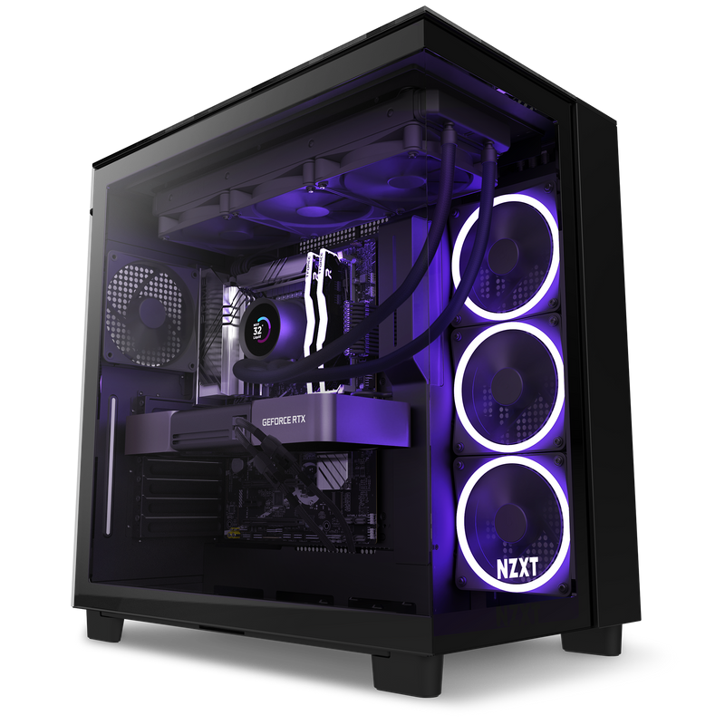 The NZXT Refurbished Custom Build - #8330 is a black gaming PC case with a transparent side panel, showcasing RGB-lit fans, GeForce RTX graphics, and purple-lit liquid cooling—ideal for prebuilt PCs and includes a 2-year warranty.