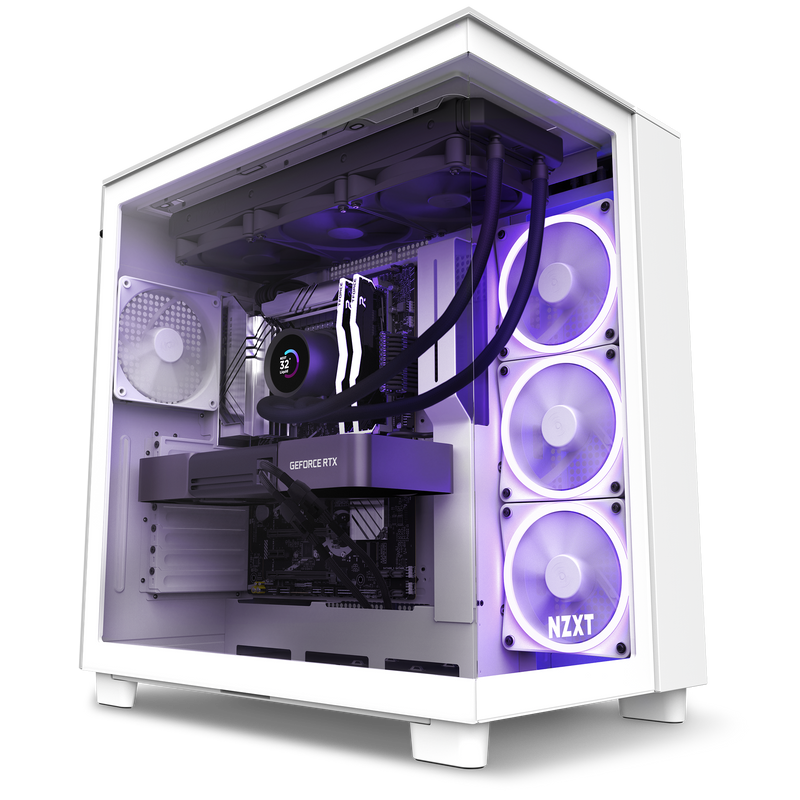 The Refurbished Custom Build - #8323 by NZXT is a white prebuilt PC with a transparent side panel, showcasing RGB fans, a GeForce RTX graphics card, and an NZXT cooler lit in purple. Comes with a 2-year warranty.