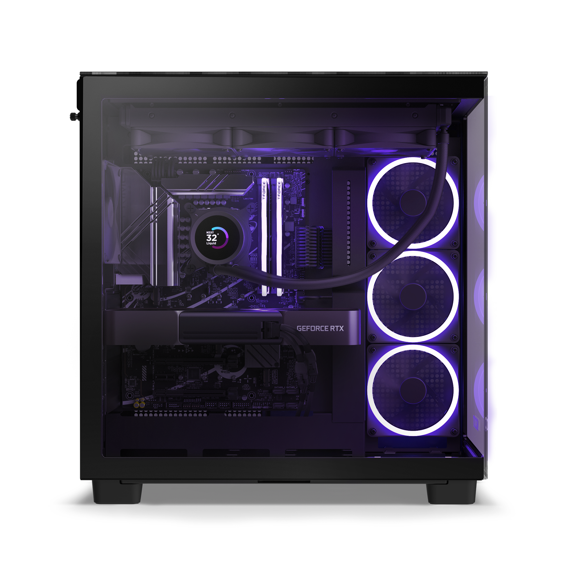 A side view of the NZXT Player Three Prime black gaming PC case with visible internals, featuring an Intel Core Ultra 9 285K processor, NVIDIA GeForce RTX GPU, purple LED cooling fans, and liquid cooling—ideal for smooth 1440p gaming.