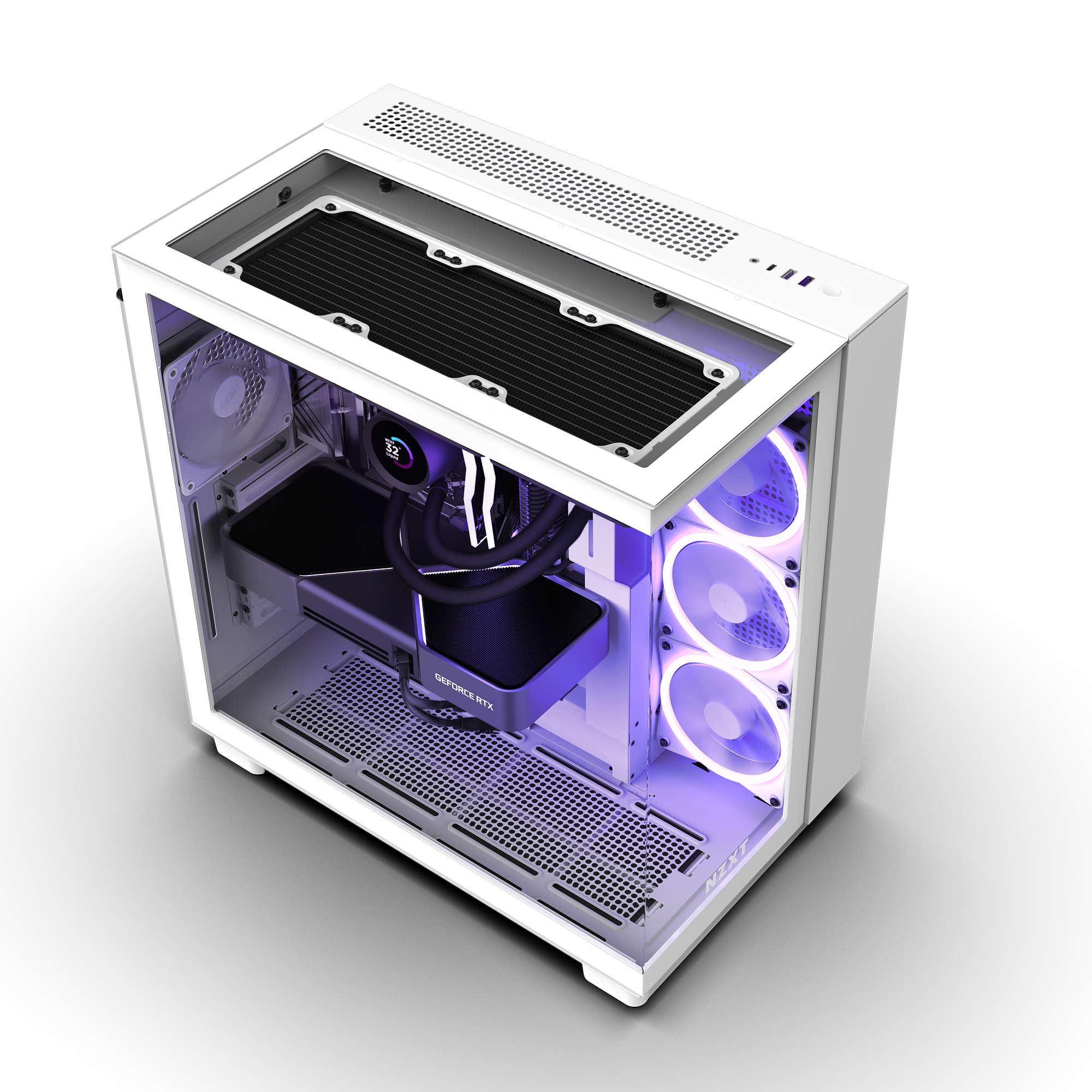 The NZXT Player Three Prime is a white desktop case with a transparent side panel, RGB fans, visible NVIDIA GeForce RTX 50 Series GPU, Intel Core Ultra 9 285K for smooth 1440p gaming, and efficient liquid cooling via a top-mounted radiator.