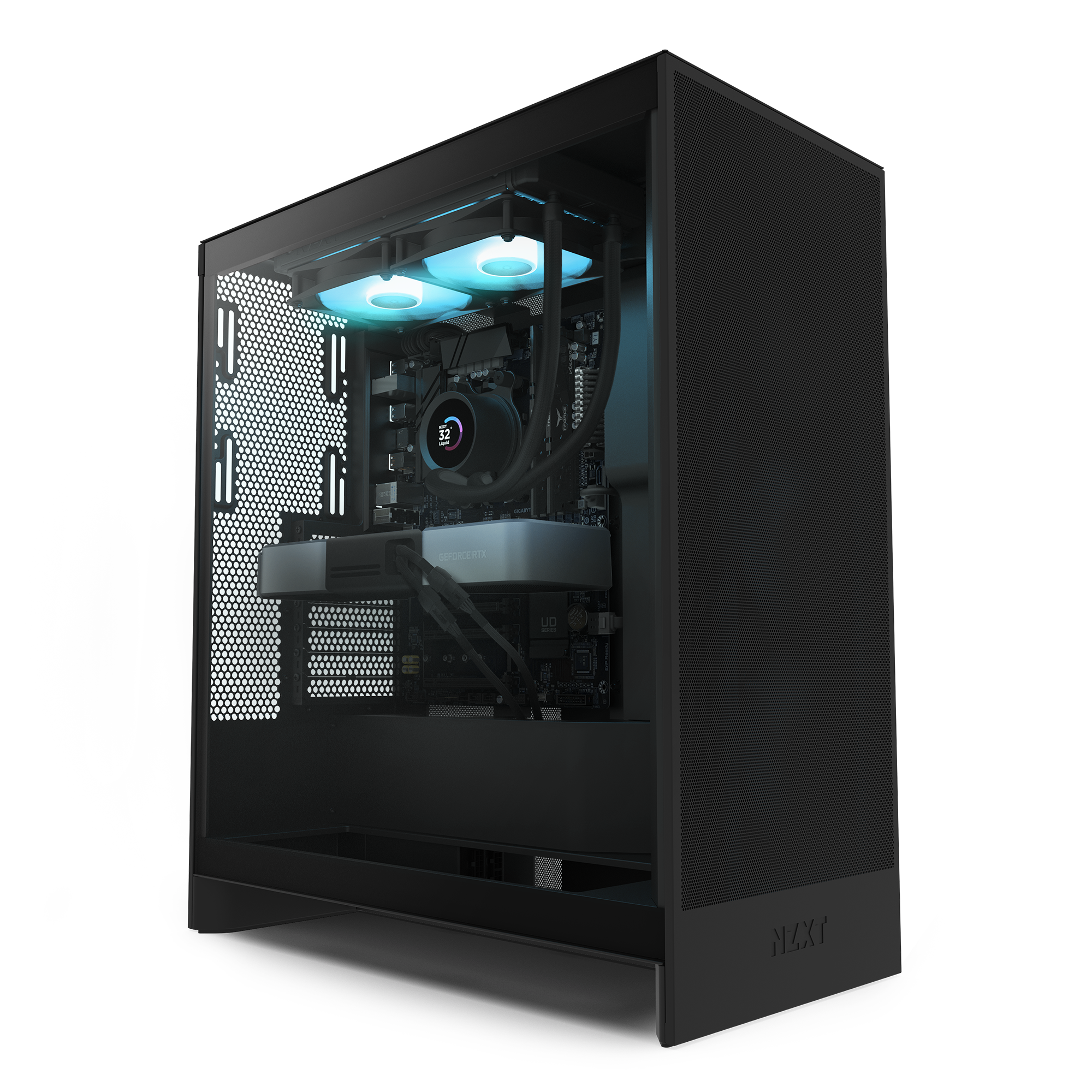The NZXT Flex Two Prime Subscription PC features a sleek black case with a transparent side panel, RGB cooling fans, a powerful graphics card, and tidy cables—ideal for users wanting high-performance and month-to-month flexibility.