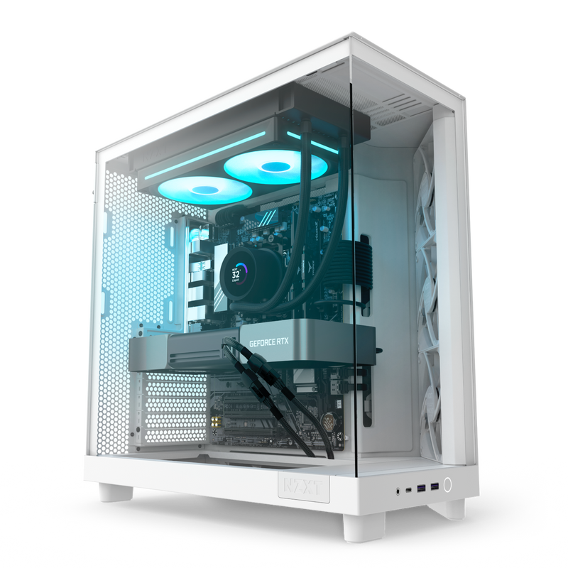 The NZXT Player Two Prime is a white gaming PC with a transparent side panel, RGB-lit fans, GeForce RTX 5070 Ti for smooth 1440p gaming, liquid CPU cooler, clean cable management, and a sleek modern design.