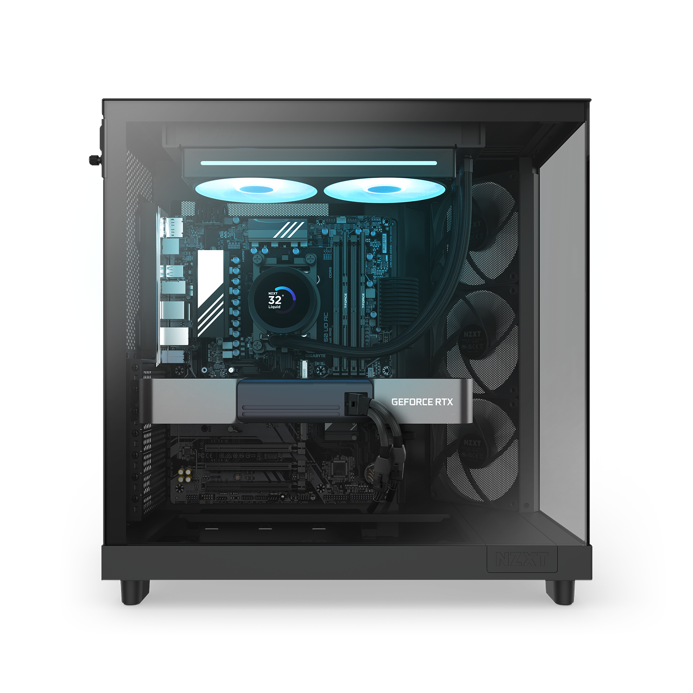The NZXT Player Two Prime desktop gaming PC features a transparent side panel showing off its NVIDIA GeForce RTX 5070 Ti, liquid cooling with two RGB fans, tidy cable management, and a sleek black NZXT case for smooth 1440p gaming.