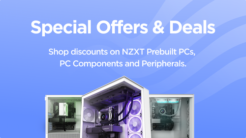 Banner with text: “Special Offers & Deals. Shop discounts on NZXT Prebuilt PCs, PC Components and Peripherals.” Below the text are images of three illuminated PC cases. The background is blue with a wave pattern.