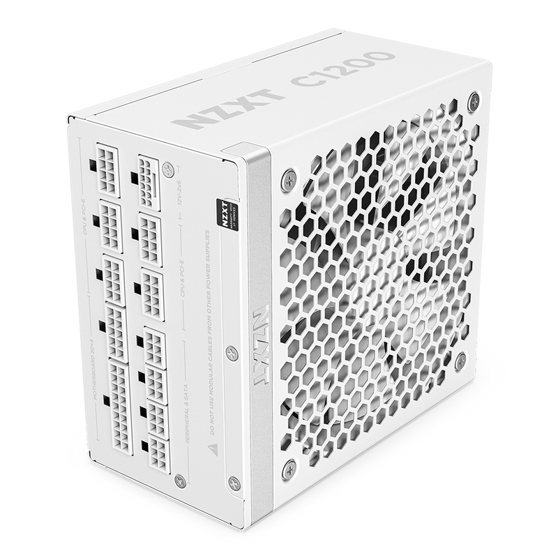 The NZXT C1200 Gold ATX 3.1 PSU has a honeycomb ventilation grill and modular cable ports, supporting Gold ATX 3.1 standards—perfect for powering high-performance components like the NVIDIA GeForce RTX 50 Series.