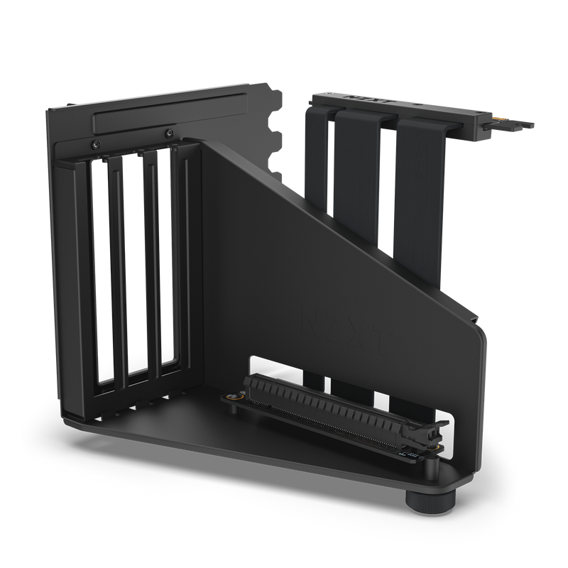 The NZXT Vertical GPU Mounting Kit is a black, angular bracket with a PCIe 4.0 riser cable for easy vertical GPU installation in NZXT H5, H6, H7, and H9 Series cases.