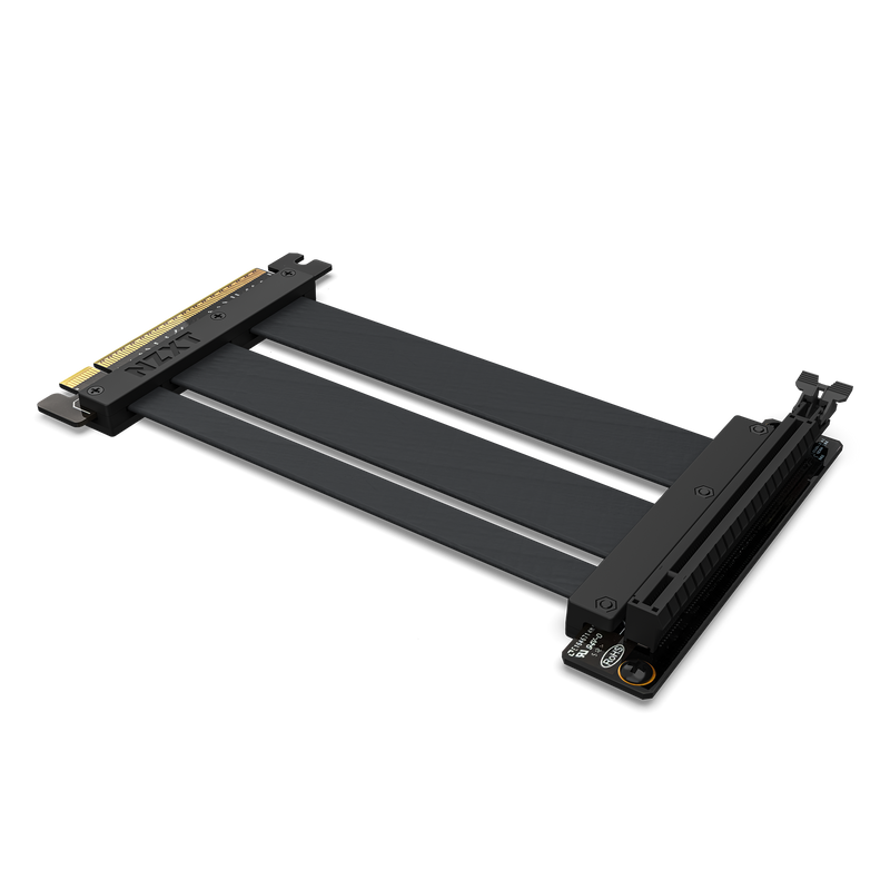 The NZXT PCIe Riser Cable is black with gold connectors, supports PCIe 4.0 high-speed data transfer, and enables flexible GPU placement. It features reinforced bends and sturdy connectors at both ends.