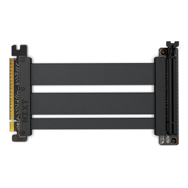 The NZXT PCIe Riser Cable in black features gold connector pins and supports high-speed PCIe 4.0 data transfer, allowing flexible GPU placement. Shown from a top-down view on a plain background.