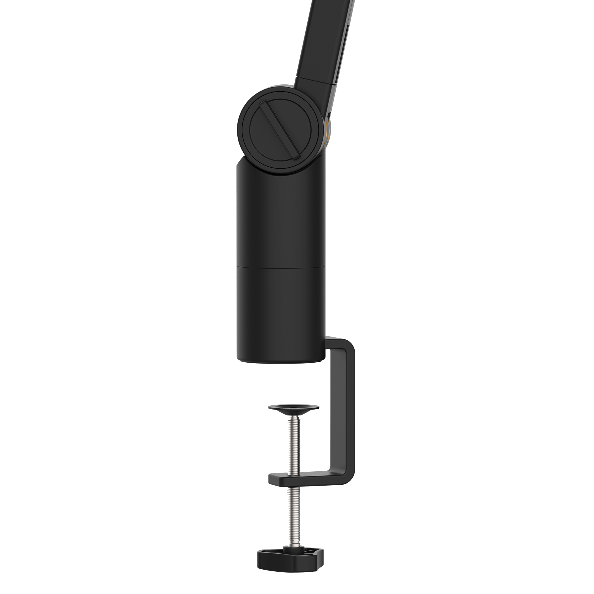 The NZXT Boom Arm is a black adjustable desk clamp with smooth-moving arms for mounting items like microphones or lamps to a desk or table, featuring hidden cable management to keep your workspace neat.