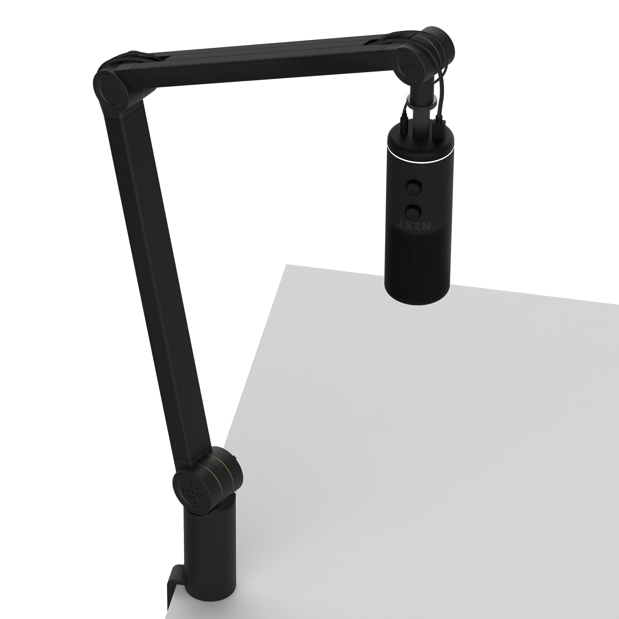An NZXT Boom Arm in black, featuring smooth-moving arms and hidden cable management, holds a microphone above a light gray surface, seen from an angled perspective.