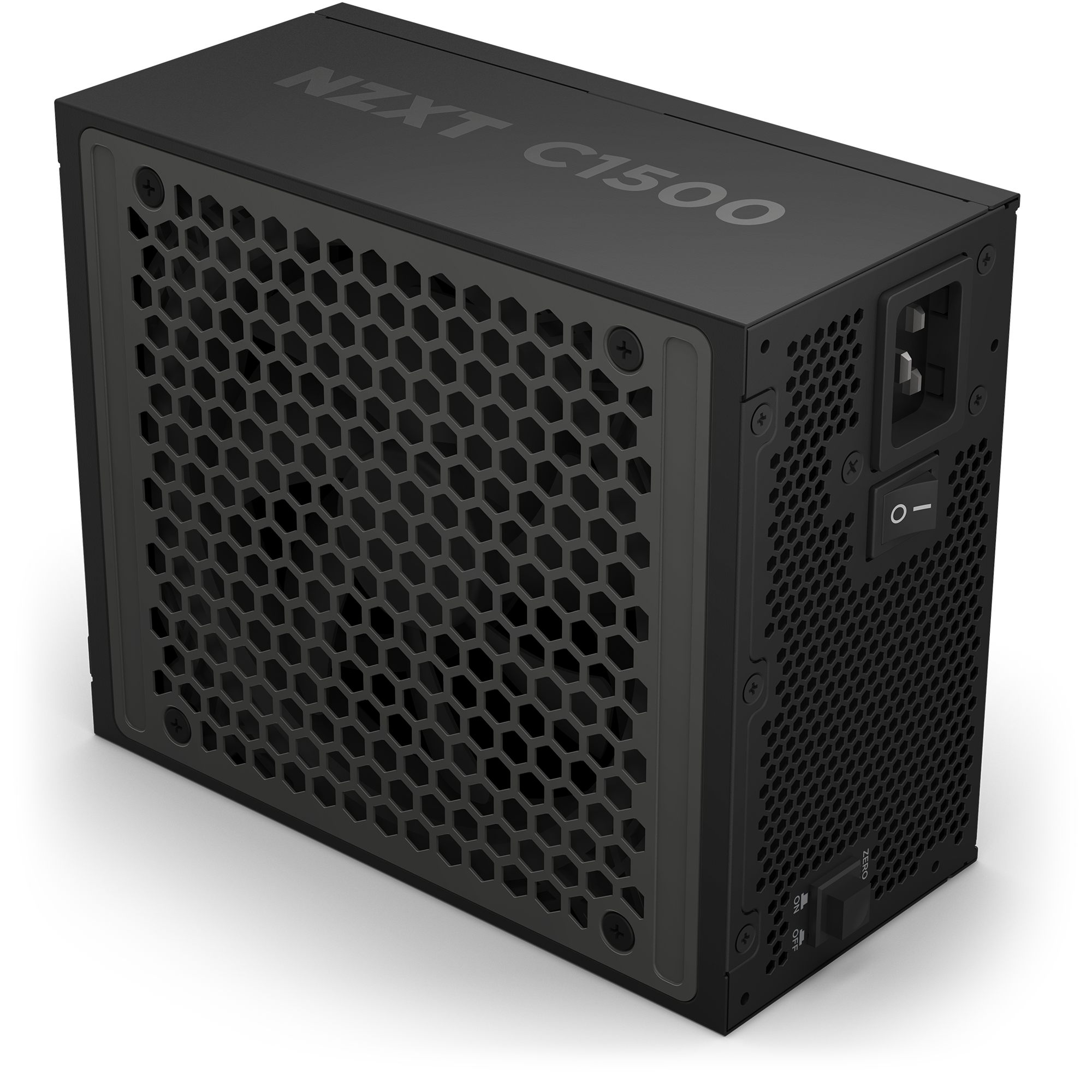 The NZXT C1500 Platinum ATX 3.1 PSU in black features a large honeycomb ventilation grill, power switch, plug socket, and supports PCIe 5.1 for superior performance; shown from an angled view.