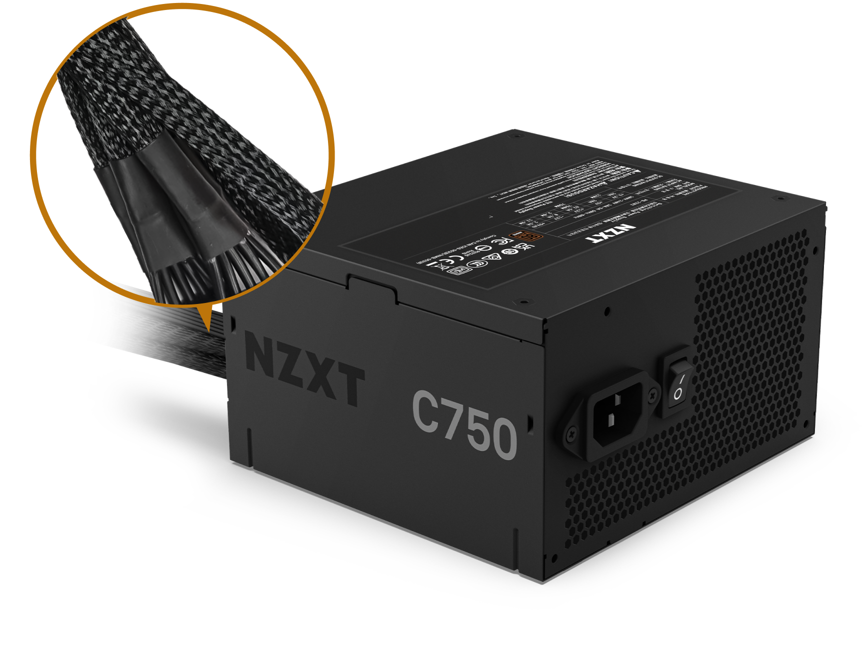 A black NZXT C750 power supply unit with a close-up inset showing its black braided power cables. The PSU features a vented side and labeled specifications on top.