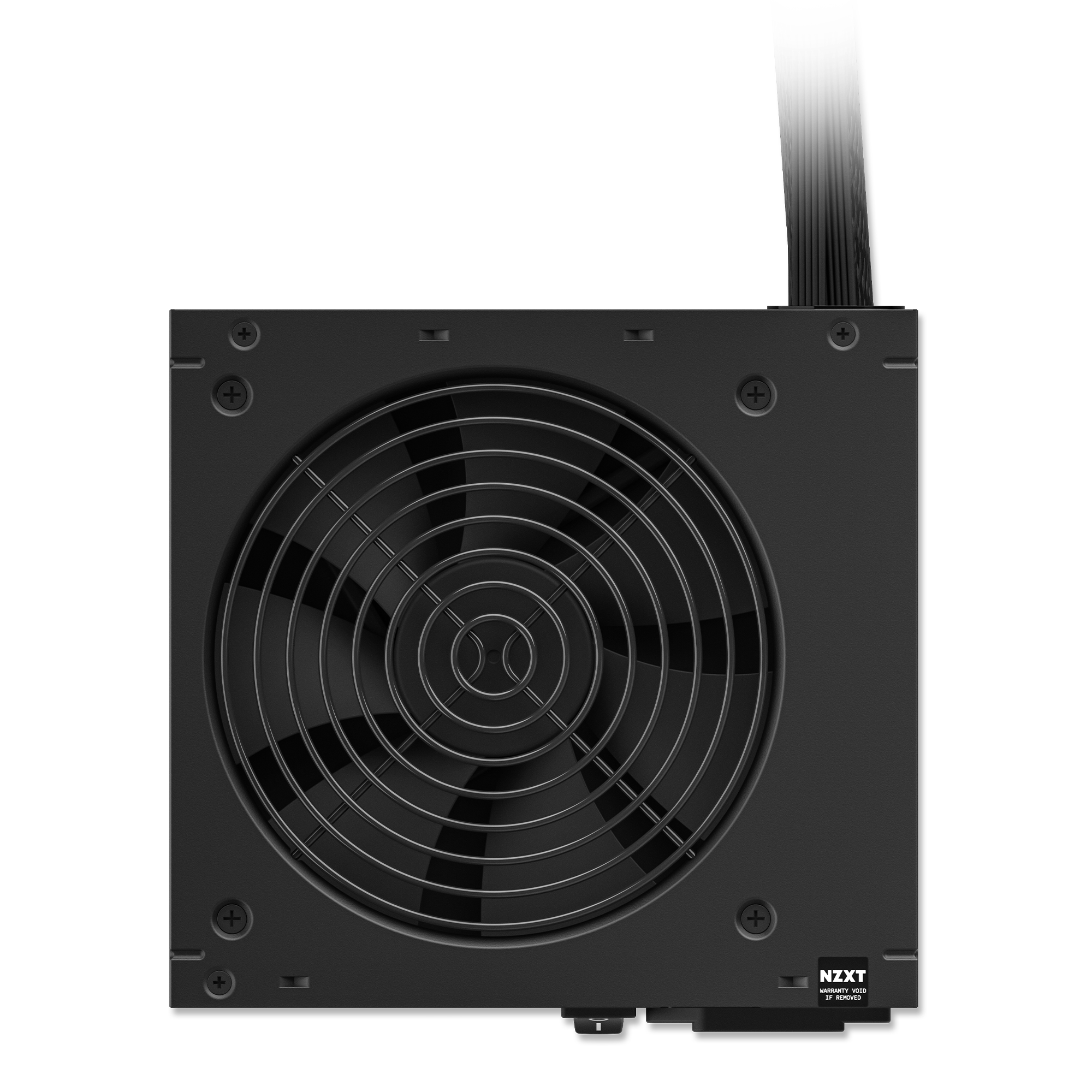 The NZXT C750 Bronze (2023) is a black computer power supply featuring a large top fan grille and organized rear cables, shown from above on a plain black background—ideal for high-performance PC gaming setups.