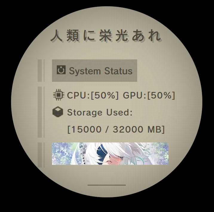 NieR:Automata-style Kraken screen showing CPU, GPU and storage use