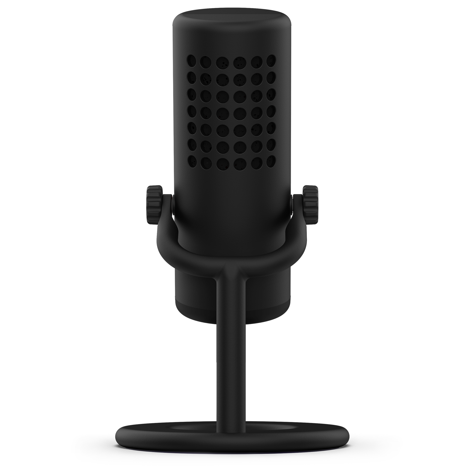 The NZXT Capsule Mini is a black, modern USB microphone with a cylindrical design and mesh grille, mounted on a sturdy round base—ideal for content creation or gaming streaming, shown from the front against a plain background.