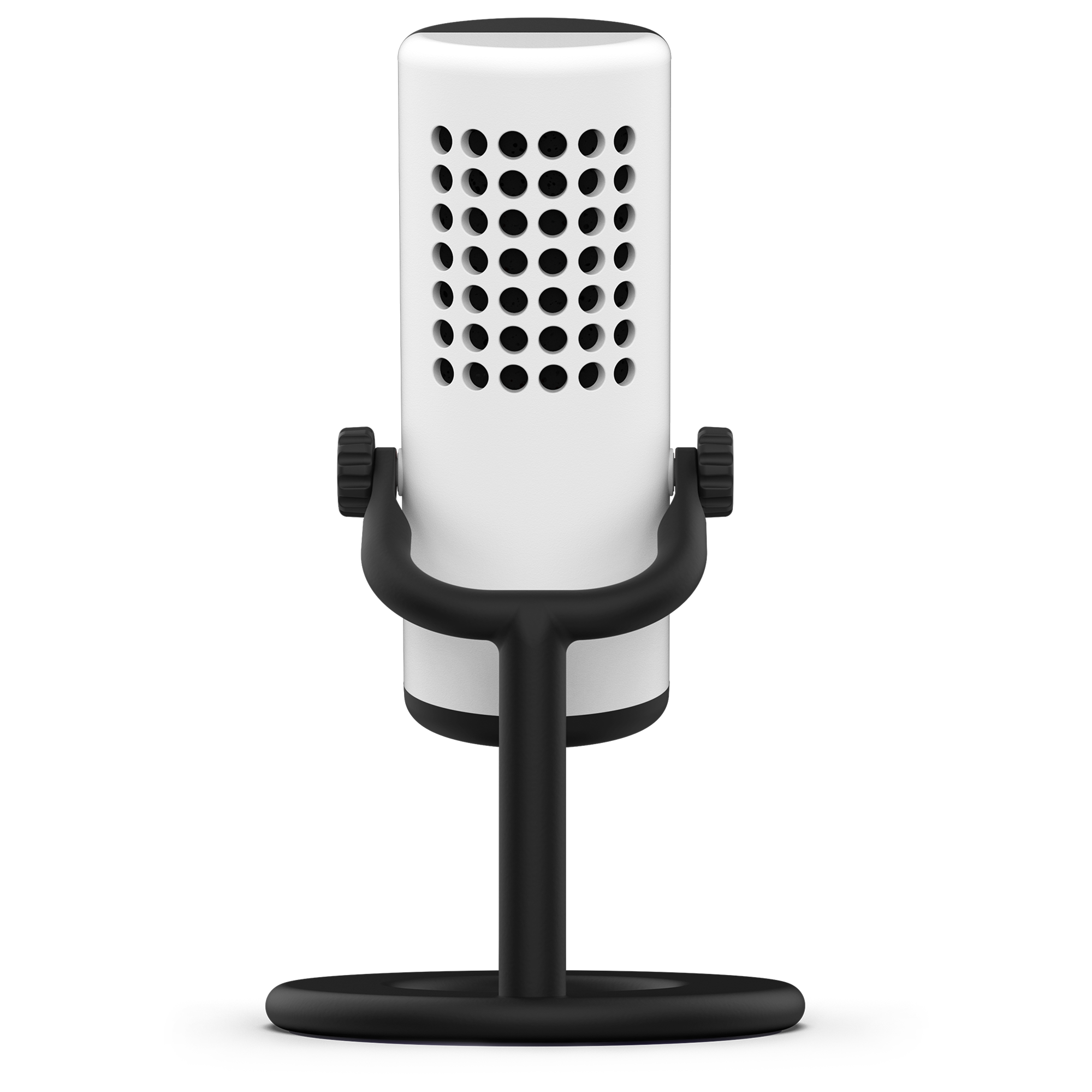 The NZXT Capsule Mini is a modern white cylindrical USB microphone with black circular holes, mounted on a black stand and viewed from the front against a white background—perfect for gaming, streaming, or content creation.