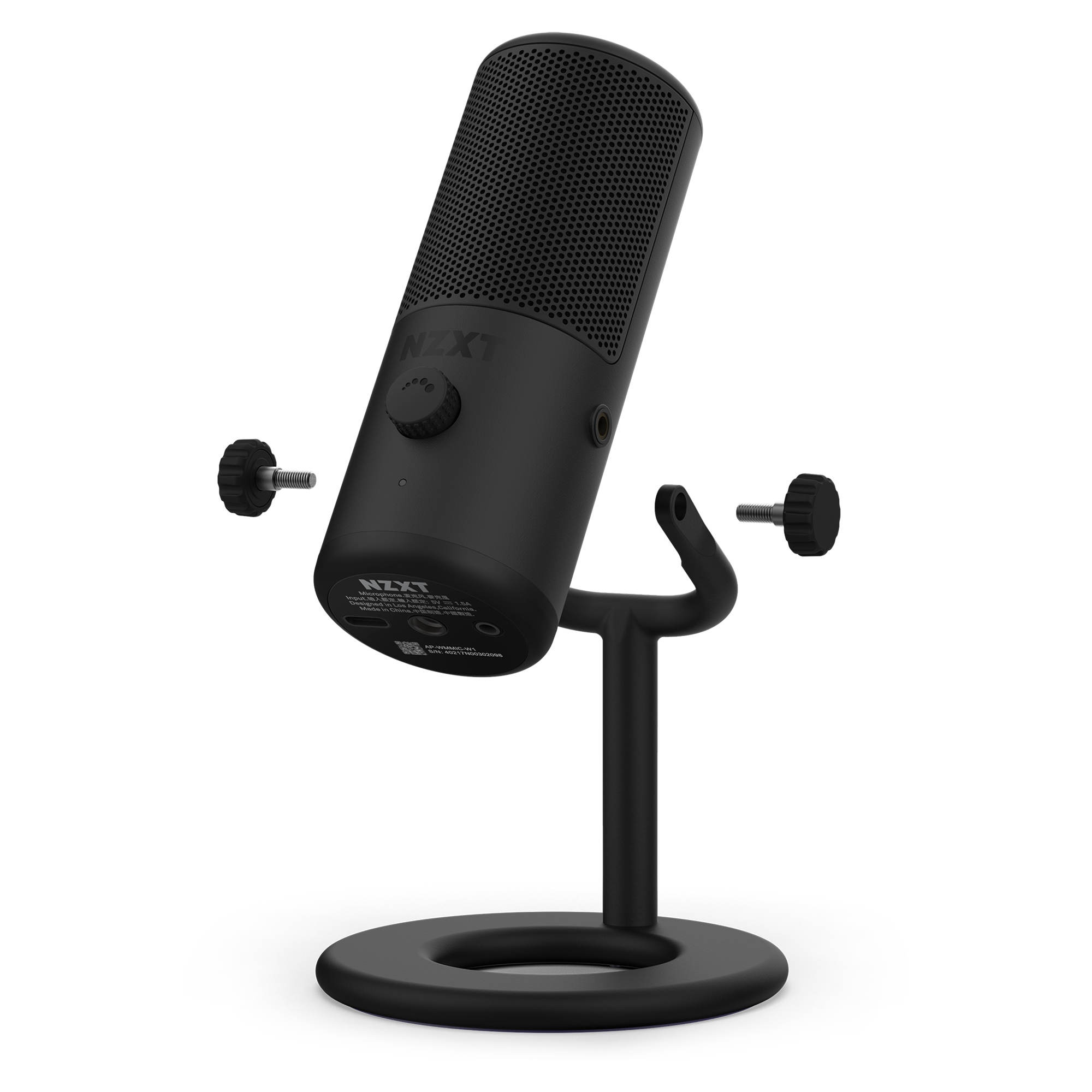 The NZXT Capsule Mini is a black USB microphone with a cylindrical design, mesh grille, side control knobs, and a round stand angled upward—perfect for gaming, streaming, or content creation.