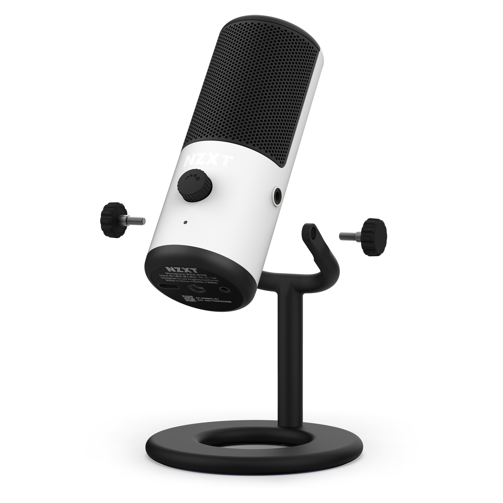 The NZXT Capsule Mini is a black and white USB microphone on a round black stand, slightly tilted upward. With a front control knob and button, its modern minimalist design makes it ideal for gaming, streaming, or content creation.