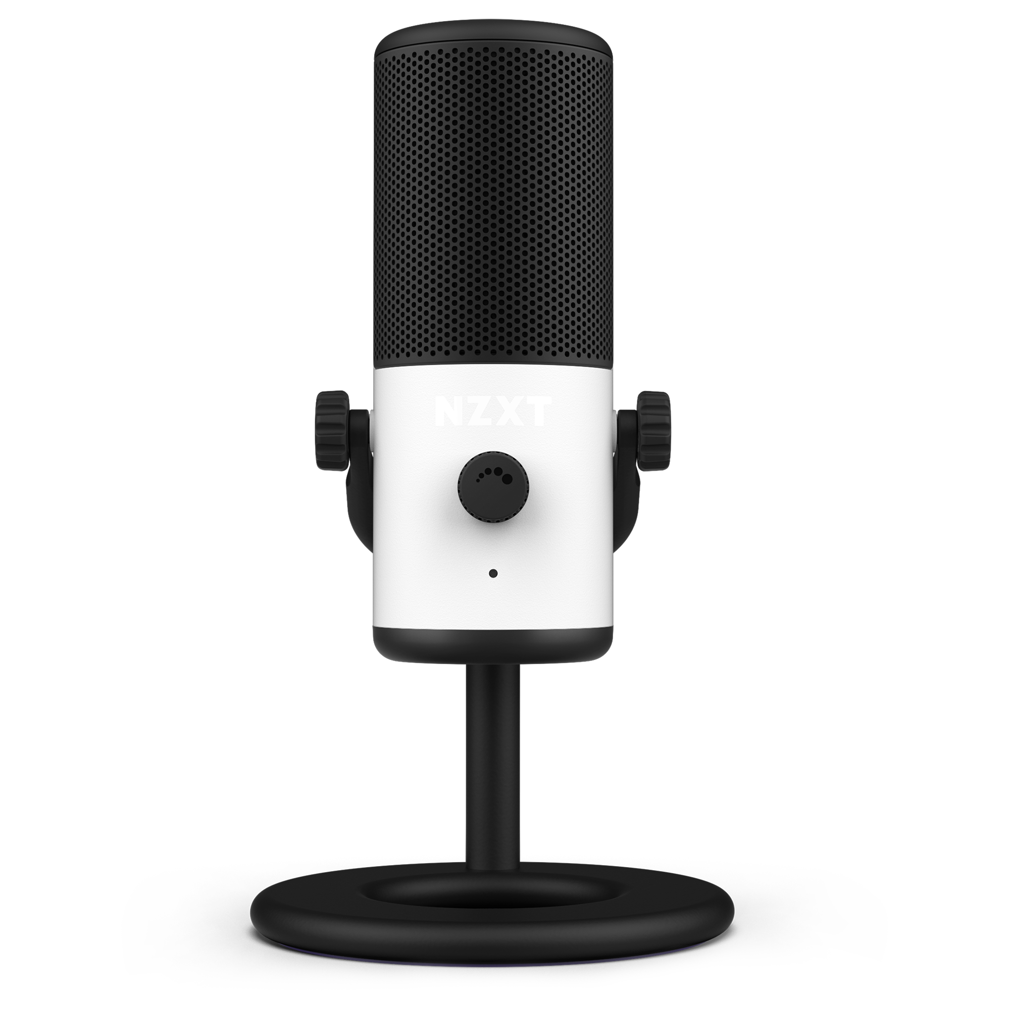 The NZXT Capsule Mini is a black and white USB microphone with a round base, adjustment knob, and mesh top—ideal for gaming, streaming, or content creation.