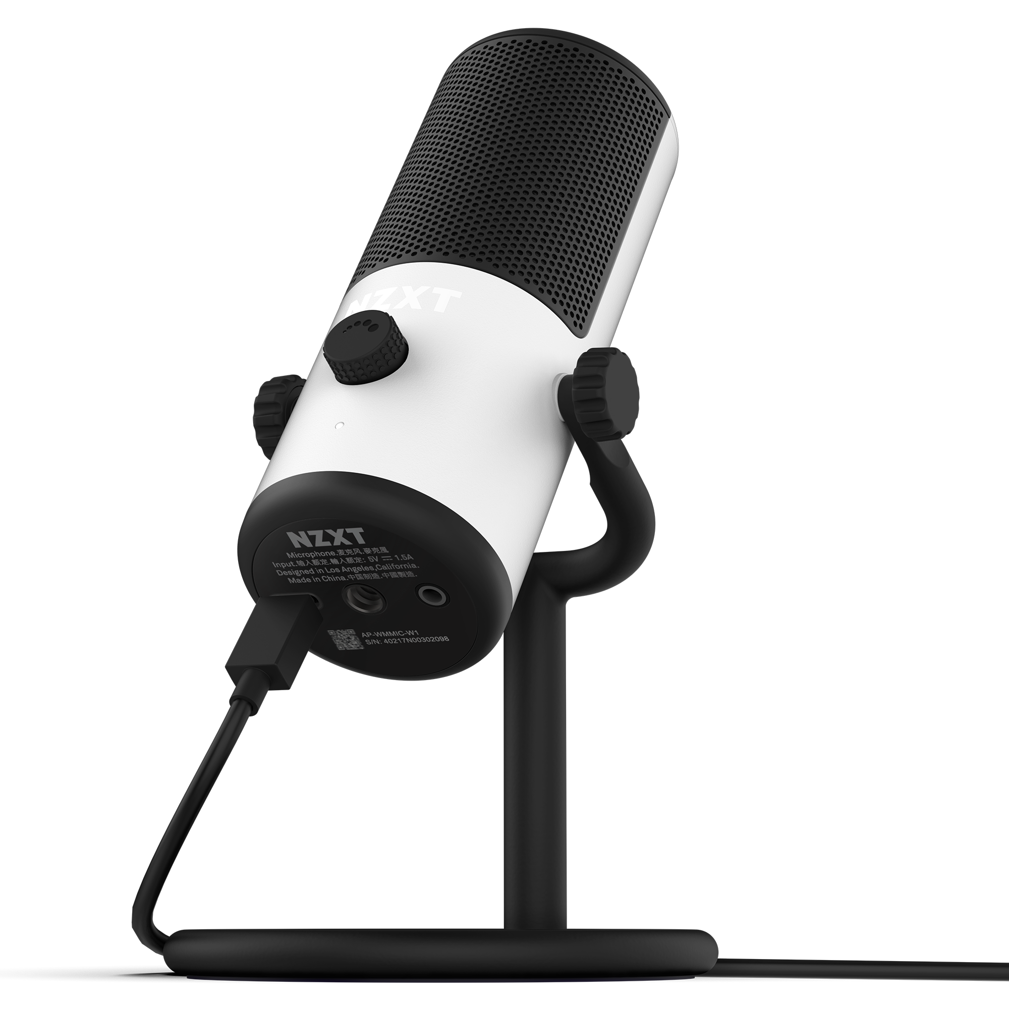 The NZXT Capsule Mini, a black and white USB microphone for gaming, streaming, and content creation, is mounted on a black stand, angled slightly upward with its cable connected at the base.