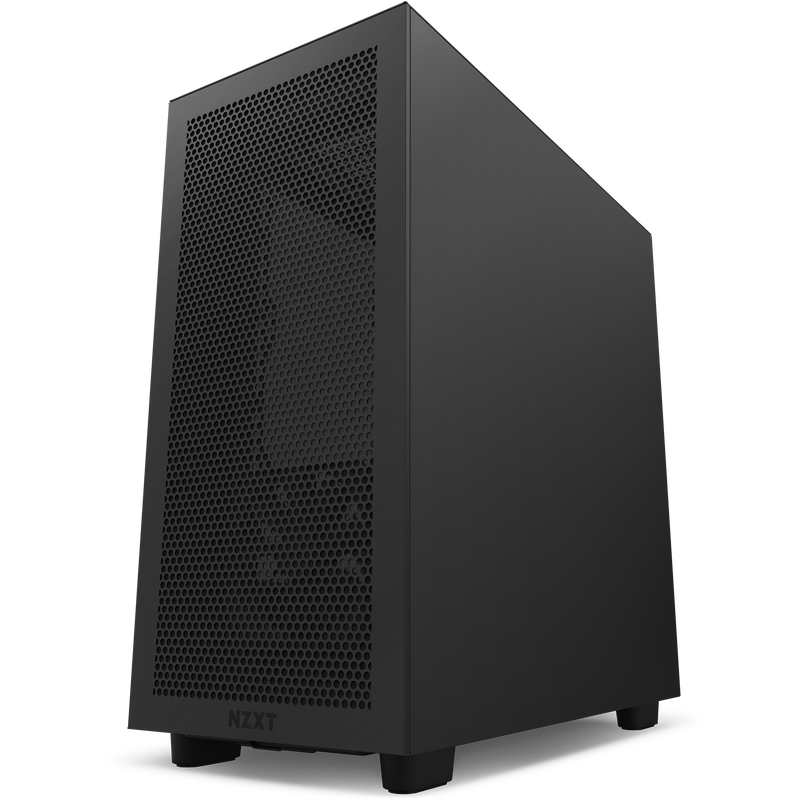 The NZXT H7 Flow (2022) is a black mid-tower case with a mesh front panel and minimalist design, shown from a low angle on a white background, highlighting its excellent thermal performance.
