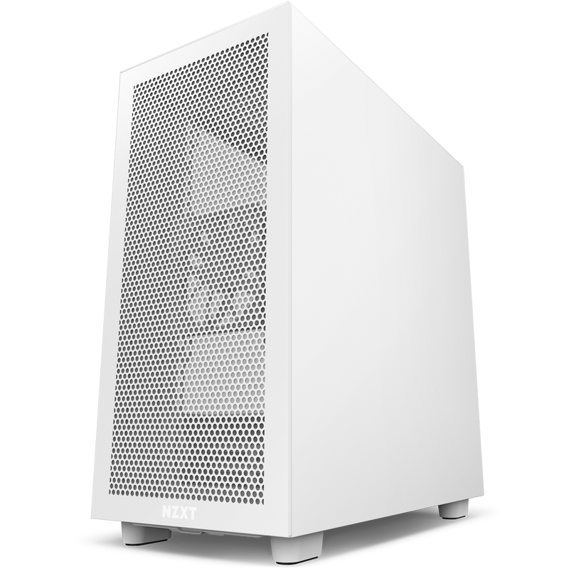 The NZXT H7 Flow (2022) is a white mid-tower case with a large mesh front panel for airflow, standing on four feet and photographed from a low front angle, offering excellent thermal performance and easy cable management.