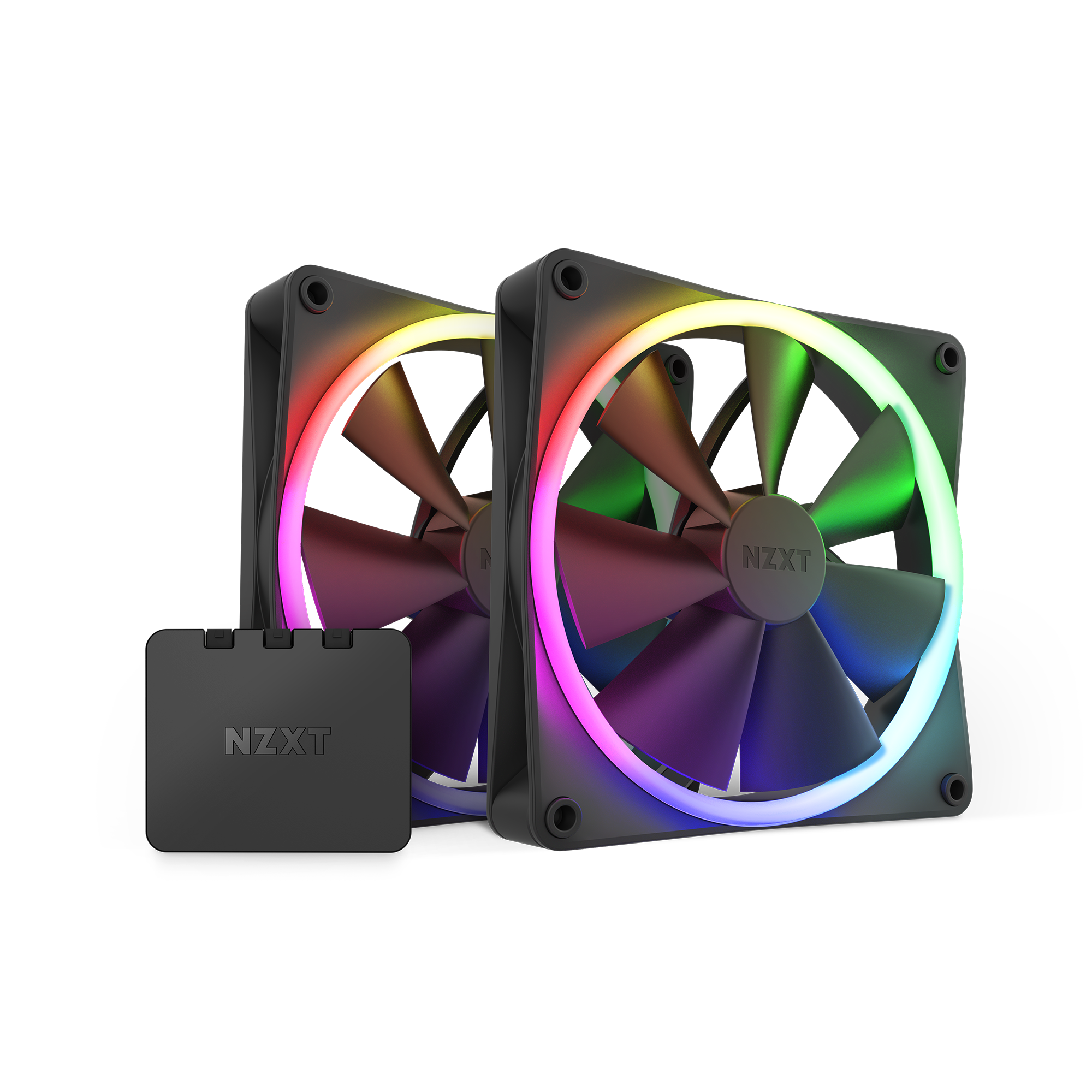 The NZXT F140 RGB Twin Pack features two vibrant RGB fans and a sleek black control module, all showcased on a white background—ideal for seamless customization via NZXT CAM.