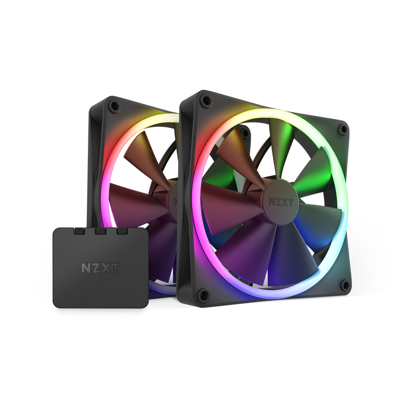 The NZXT F140 RGB Twin Pack features two vibrant RGB fans and a sleek black control module, all showcased on a white background—ideal for seamless customization via NZXT CAM.