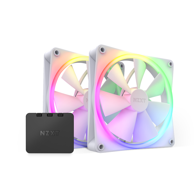 The NZXT F140 RGB Twin Pack shows two white fans with vibrant RGB lighting side by side, plus a black NZXT controller in front for easy customization through NZXT CAM.