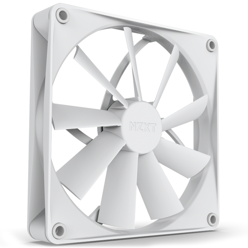 The NZXT F140Q (2022) is a white computer cooling fan with nine blades, airflow-focused design, and Fluid Dynamic Bearing, shown at an angle highlighting its square frame and corner mounting holes.