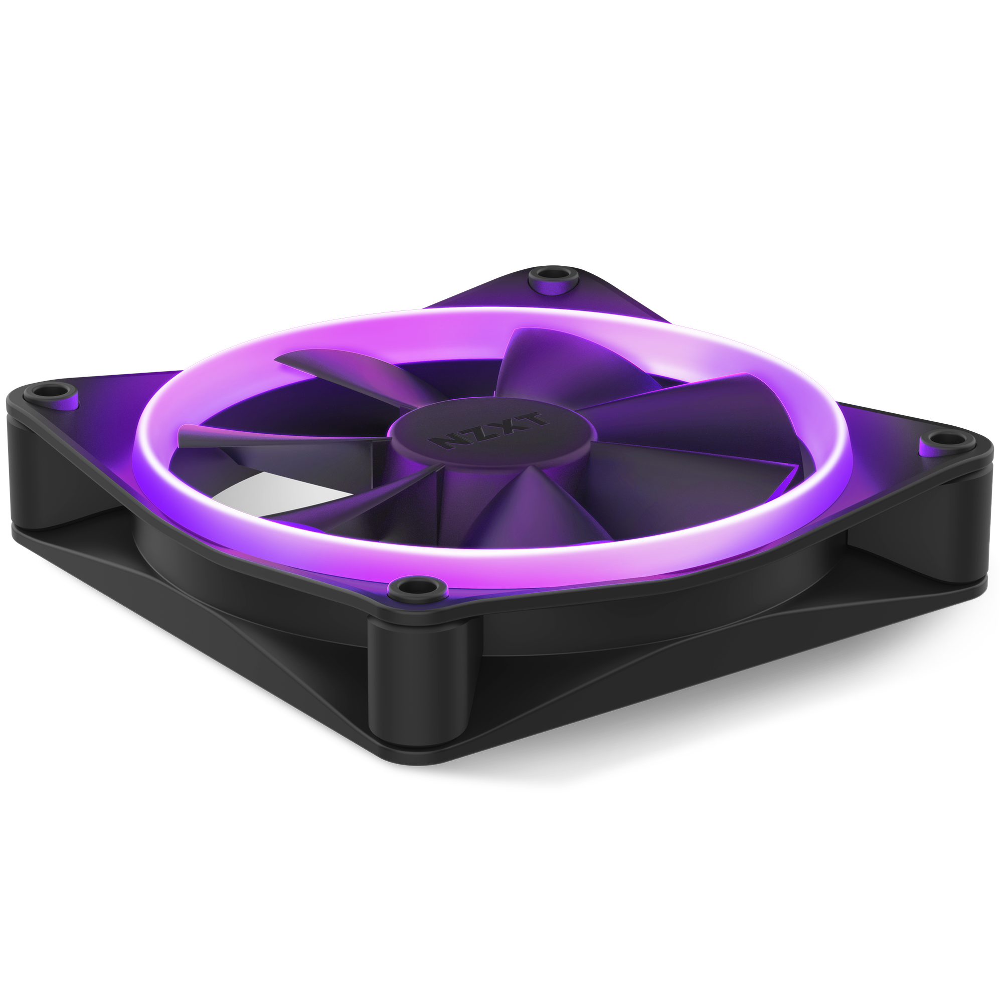 The NZXT F120 RGB is a black cooling fan with a circular purple LED on the edge, shown at an angle on a white background. The NZXT logo is on the center hub, showcasing its vibrant RGB lighting and Fluid Dynamic Bearing technology.