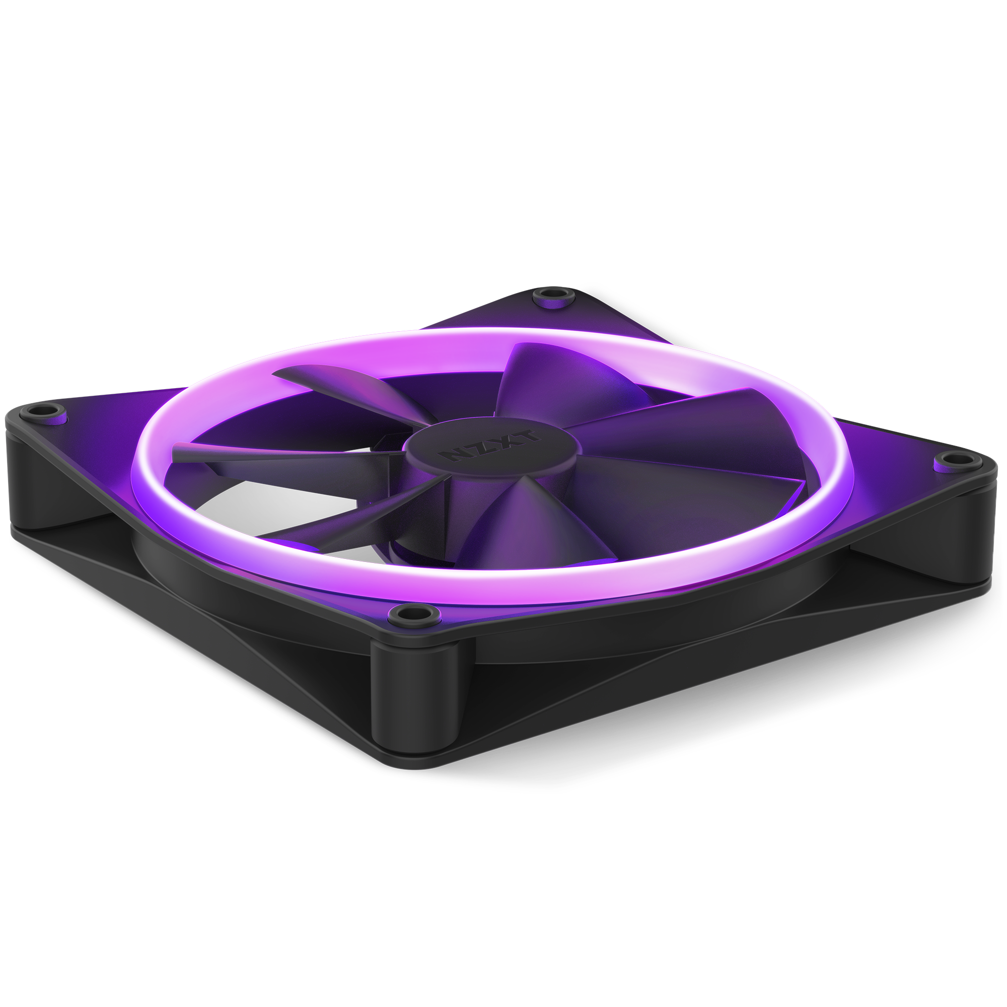 The NZXT F140 RGB is a black high airflow cooling fan featuring a circular purple LED light around the edge, displayed from an angled view against a white background.