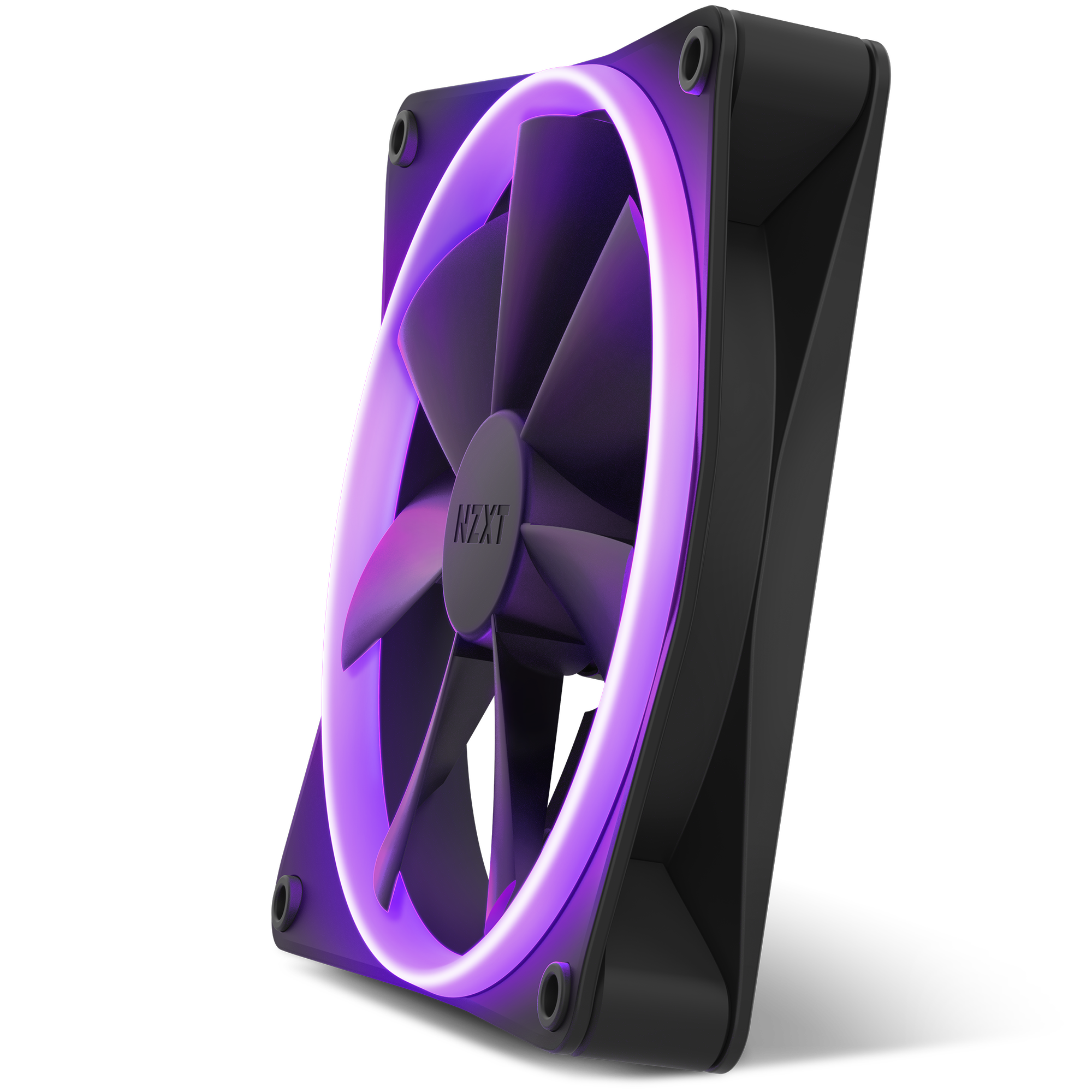 The NZXT F140 RGB is a black computer cooling fan with a circular purple LED light on the outer edge, delivering high airflow and vibrant RGB control through NZXT CAM.