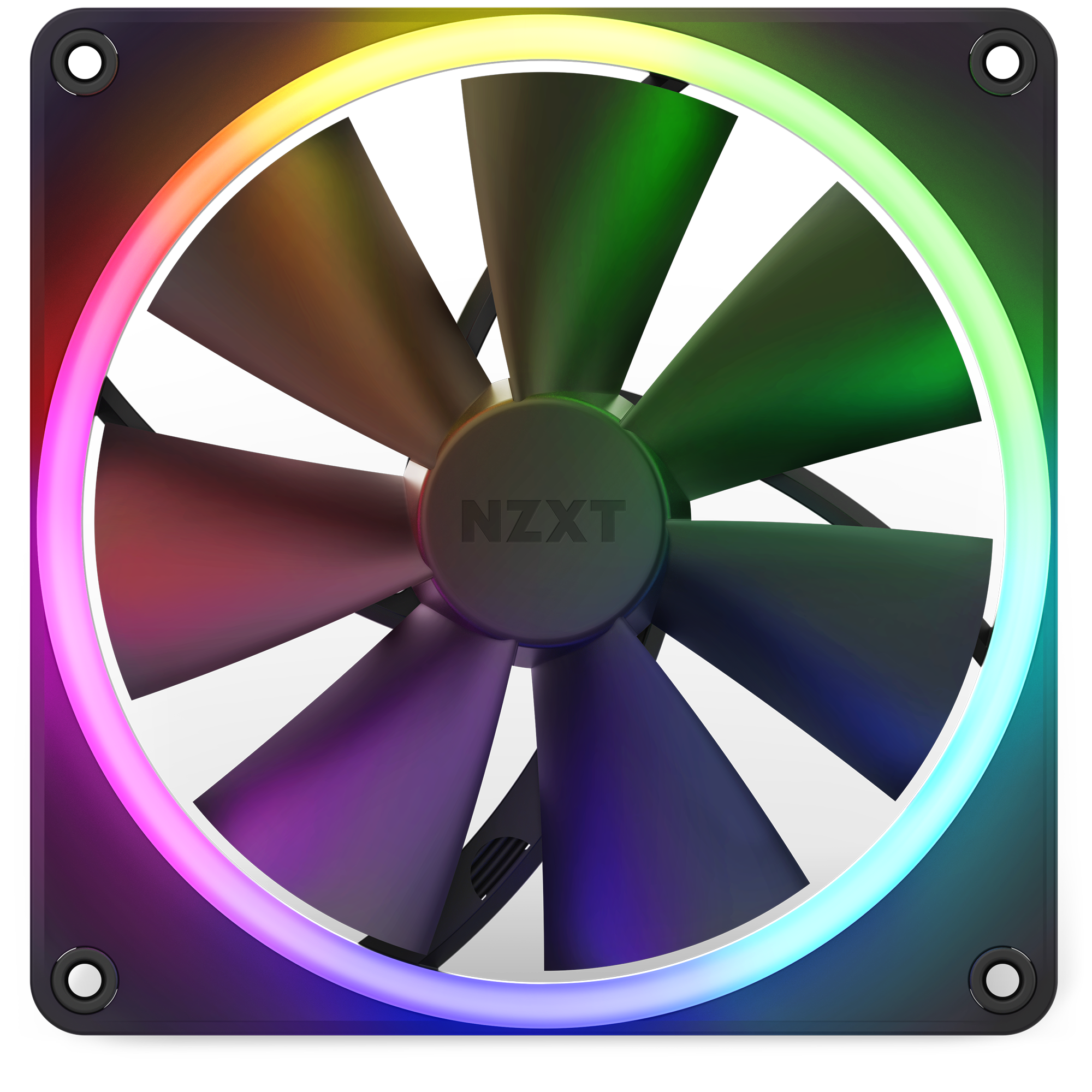 The NZXT F140 RGB is a high-airflow fan with a circular multicolor LED ring, NZXT logo at the center, and seamless customization via NZXT CAM.