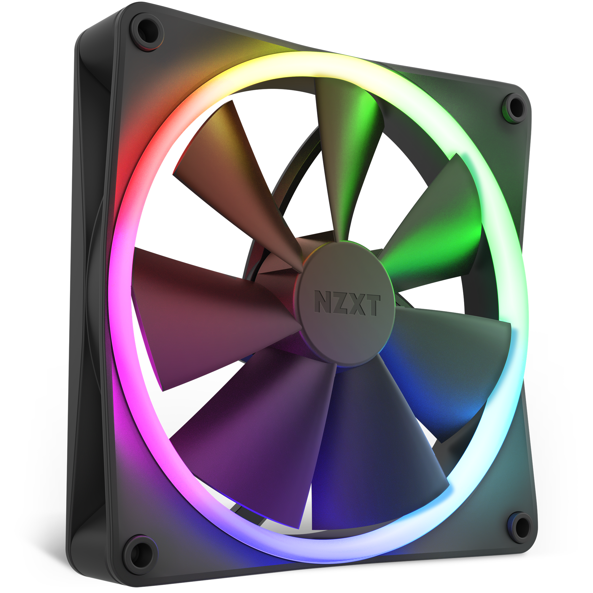 The NZXT F140 RGB computer case fan features a black frame, seven blades, and a vibrant, illuminated RGB light ring that displays a gradient of colors. Its shown at a slight angle to highlight its high airflow design.