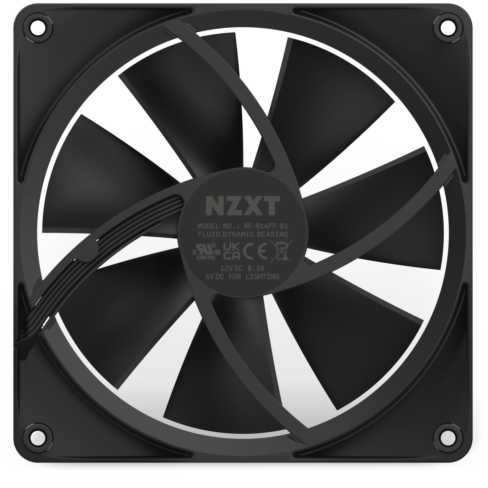 A black NZXT F140 RGB computer cooling fan seen from the front, featuring high airflow blades, a sturdy frame, and a central hub labeled with model and technical details.