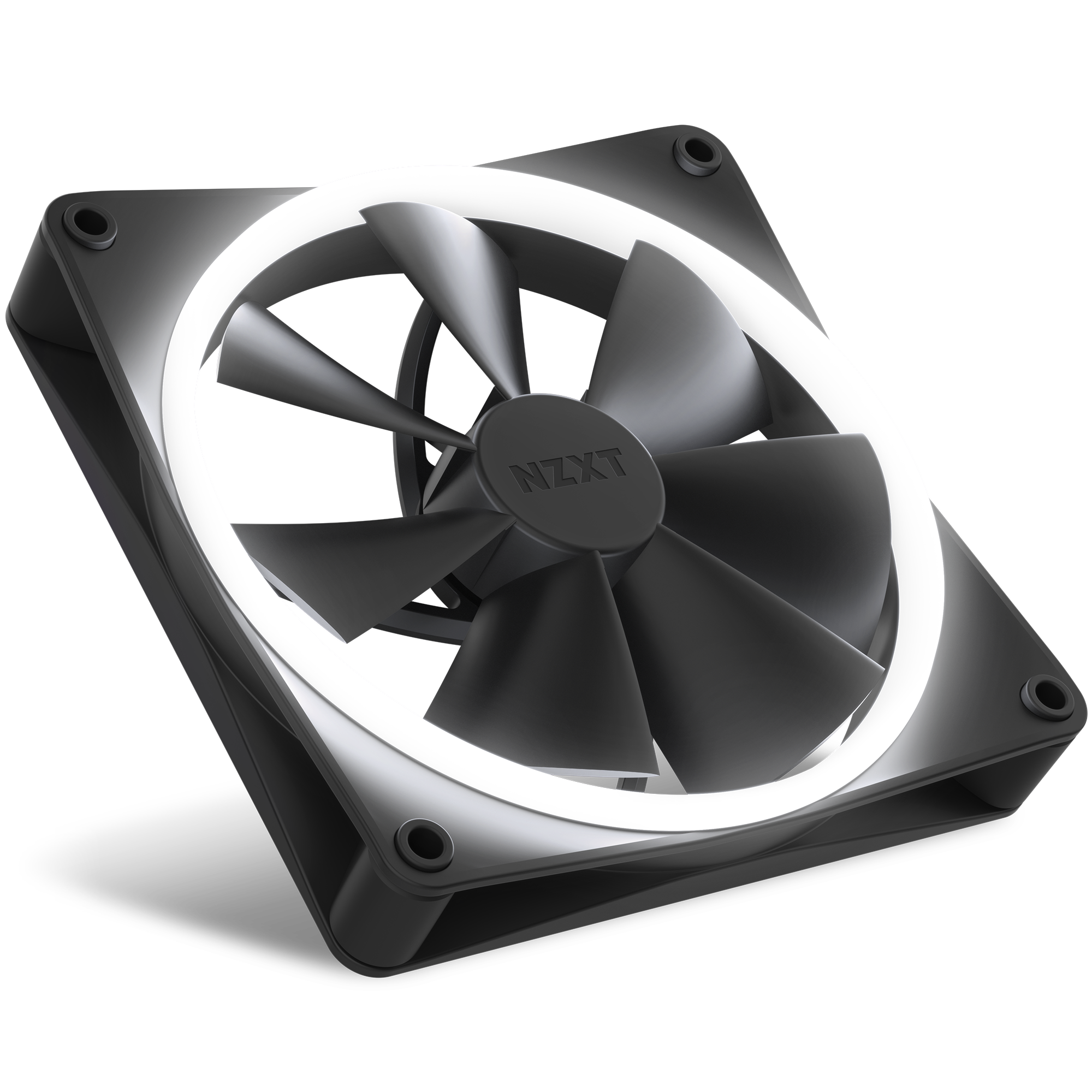 The NZXT F140 RGB is a black computer cooling fan featuring high airflow and a circular white LED around its frame, shown at an angle on a white background.