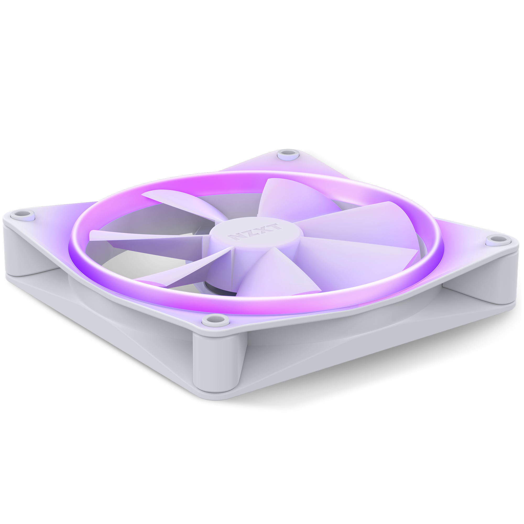 The NZXT F140 RGB is a white computer cooling fan with five blades and a glowing purple LED ring, mounted in a square gray frame with four corner screw holes to deliver high airflow.