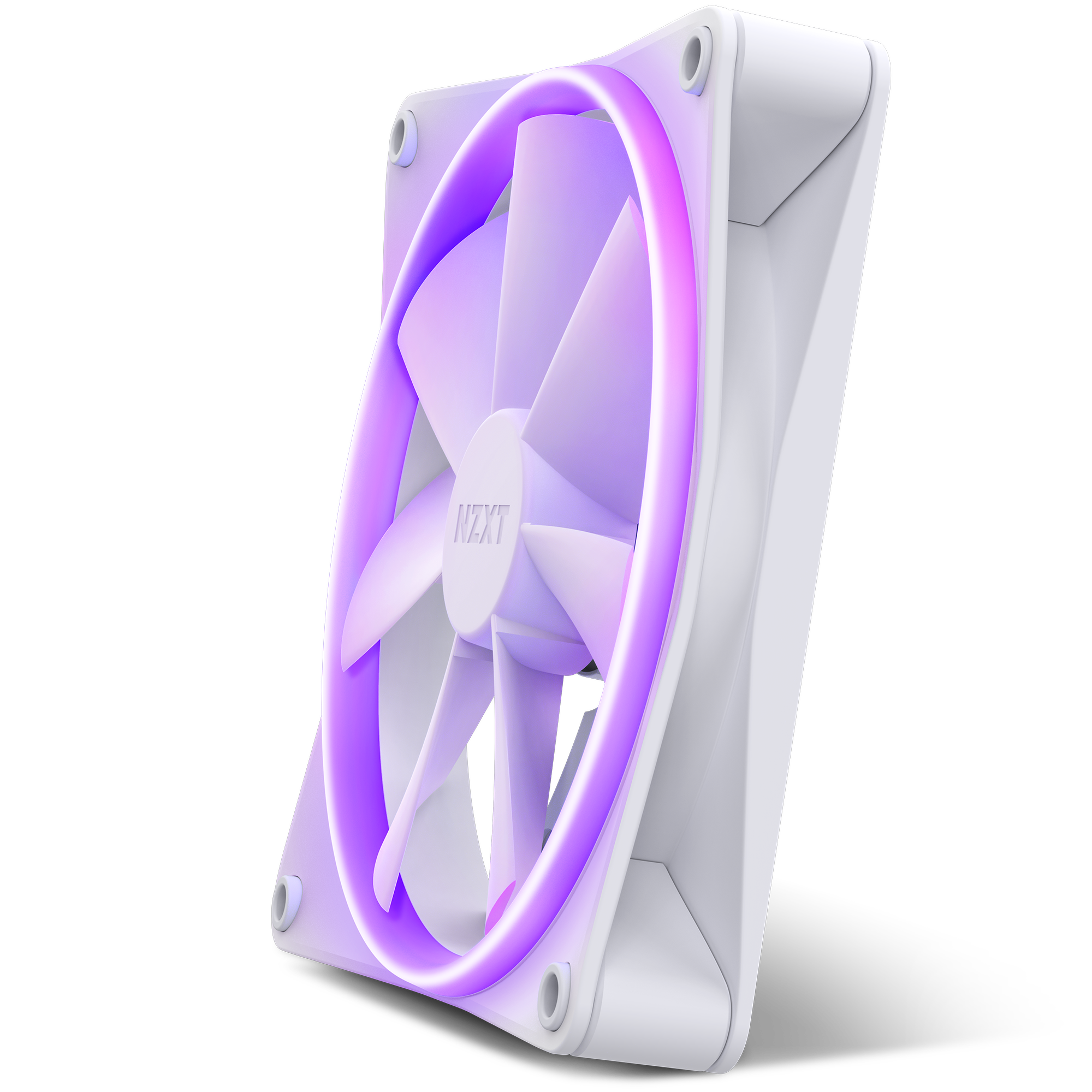 The NZXT F140 RGB is a white high airflow cooling fan featuring an illuminated purple LED ring, four mounting screws, and NZXT branding at the center, shown angled against a black background.