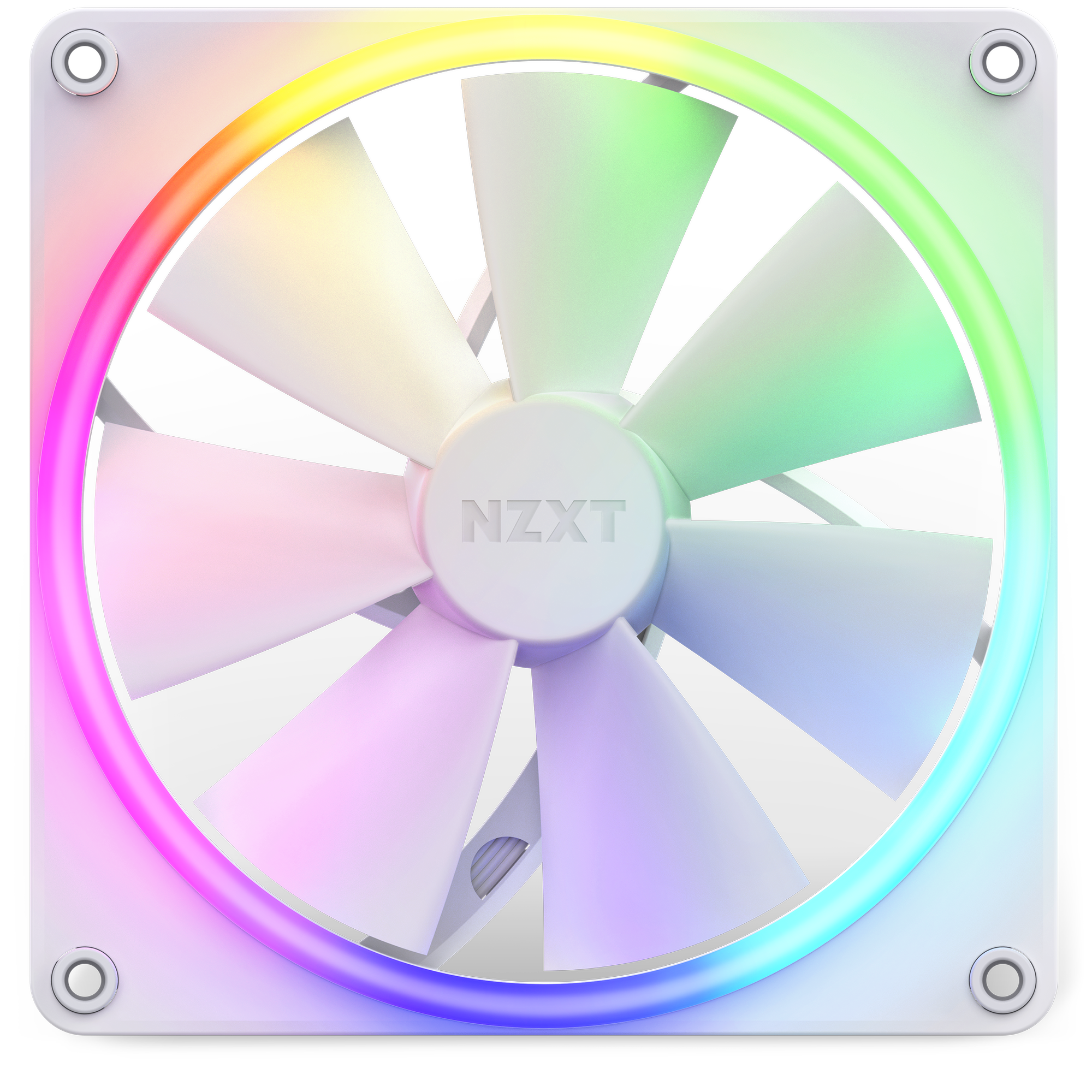 The NZXT F140 RGB is a white high-airflow cooling fan with seven blades and a circular RGB LED ring that displays vibrant gradients of yellow, green, pink, and blue. It supports seamless lighting control via NZXT CAM.