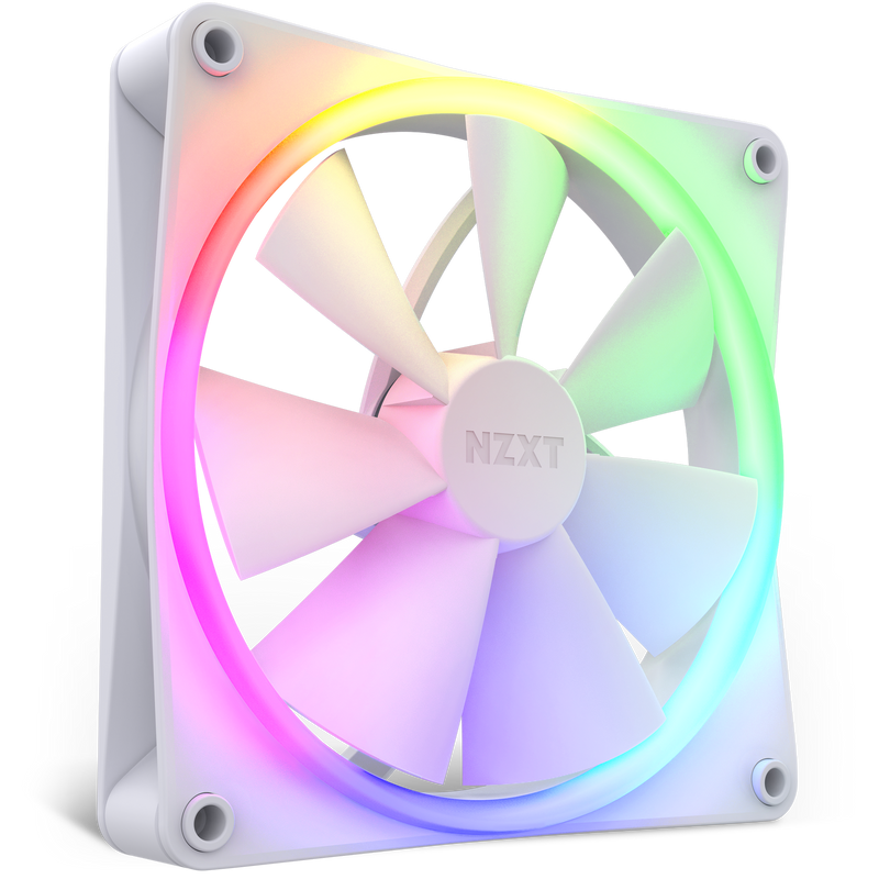 The NZXT F140 RGB is a white high-airflow computer fan featuring RGB lighting around its frame, displaying pink, blue, green, and yellow gradients. It is shown from a side angle against a black background.